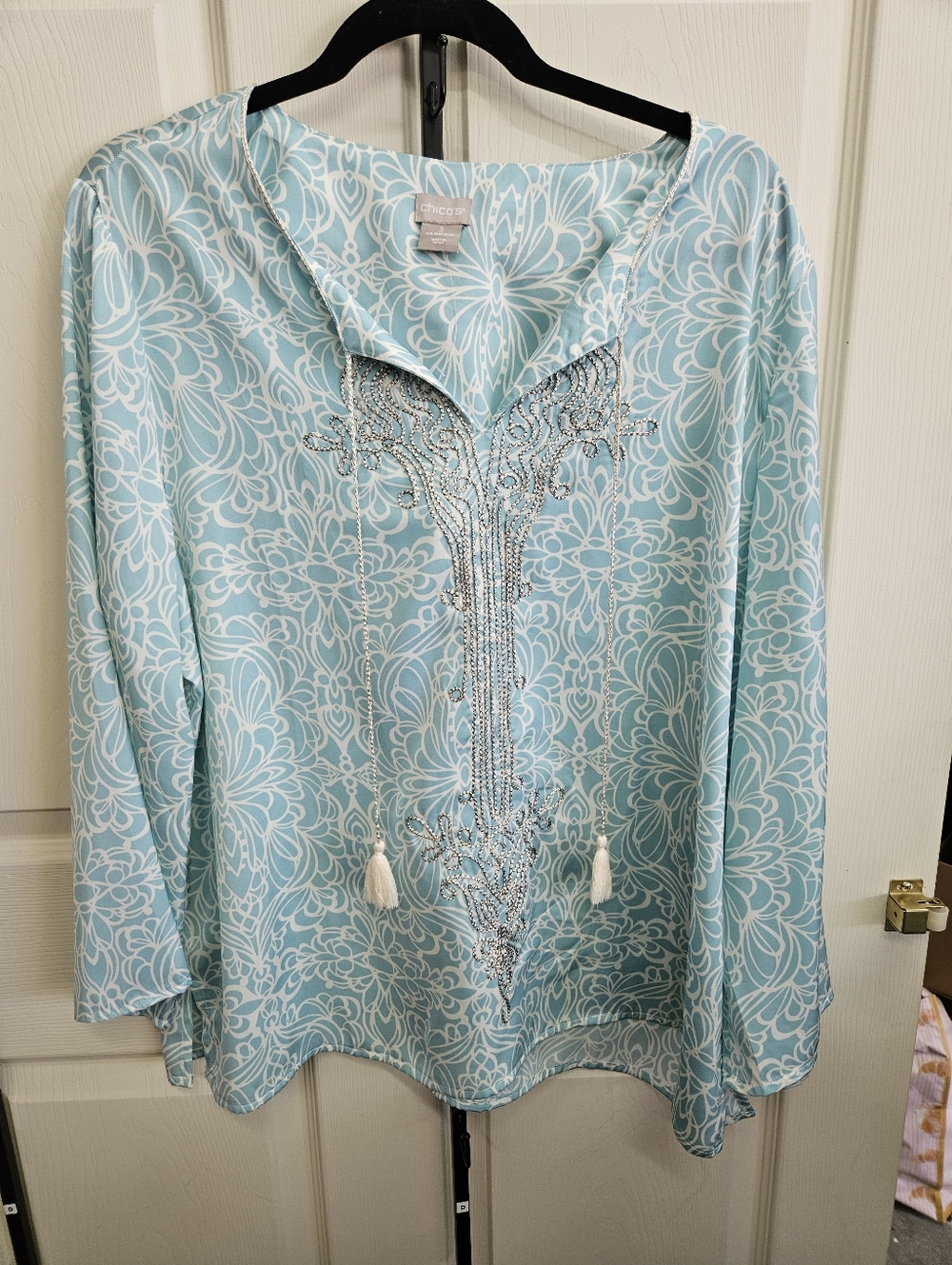 Chicos Embellished Light Blue Floral Tunic Top